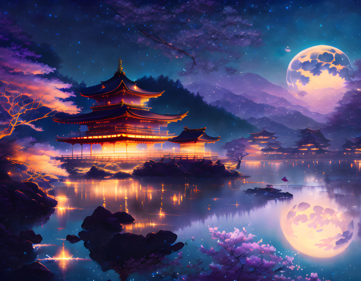 Japanese scene with temples, lake, moonlit sky, and cherry blossoms