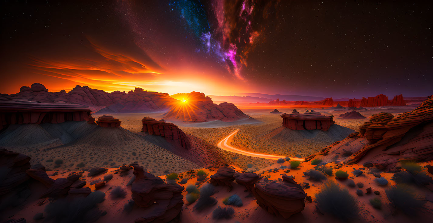 Majestic desert landscape with vivid sunset and starry sky