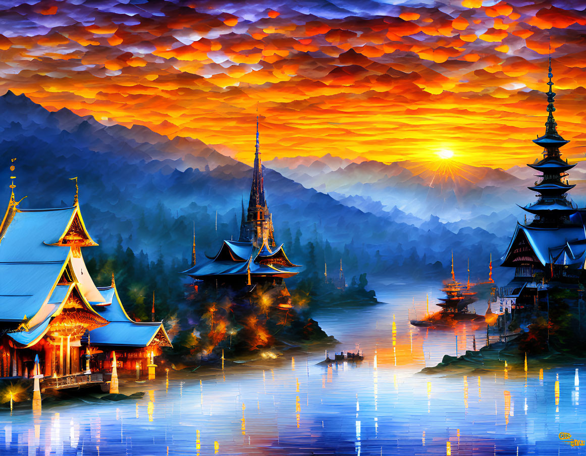 Colorful sunset over Eastern landscape with traditional buildings and calm waters.