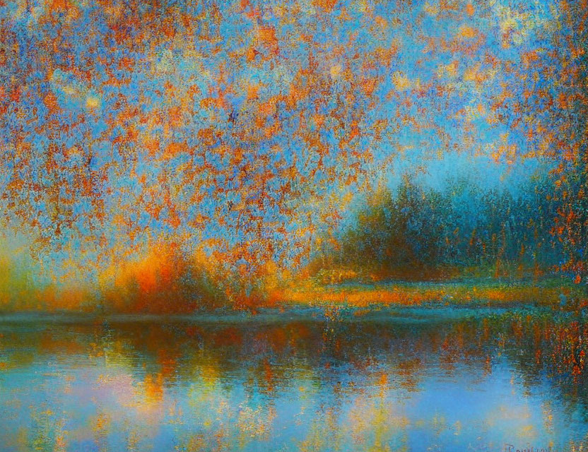 Impressionistic painting featuring trees reflecting on water with vibrant orange, blue, and green hues.