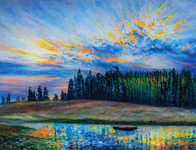 Colorful sunset painting over calm lake with forest silhouette