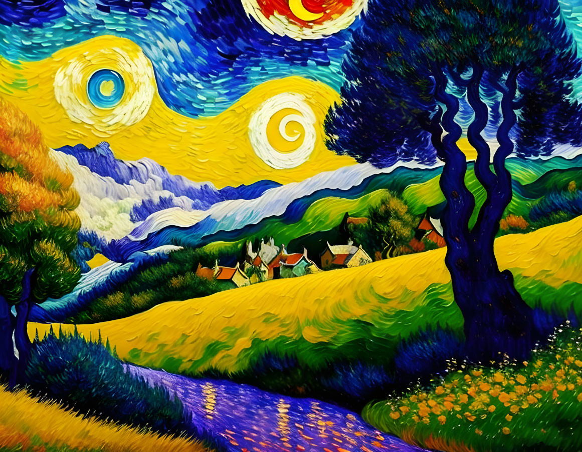 Vibrant painting of starry night sky over yellow landscape with cypress tree and village