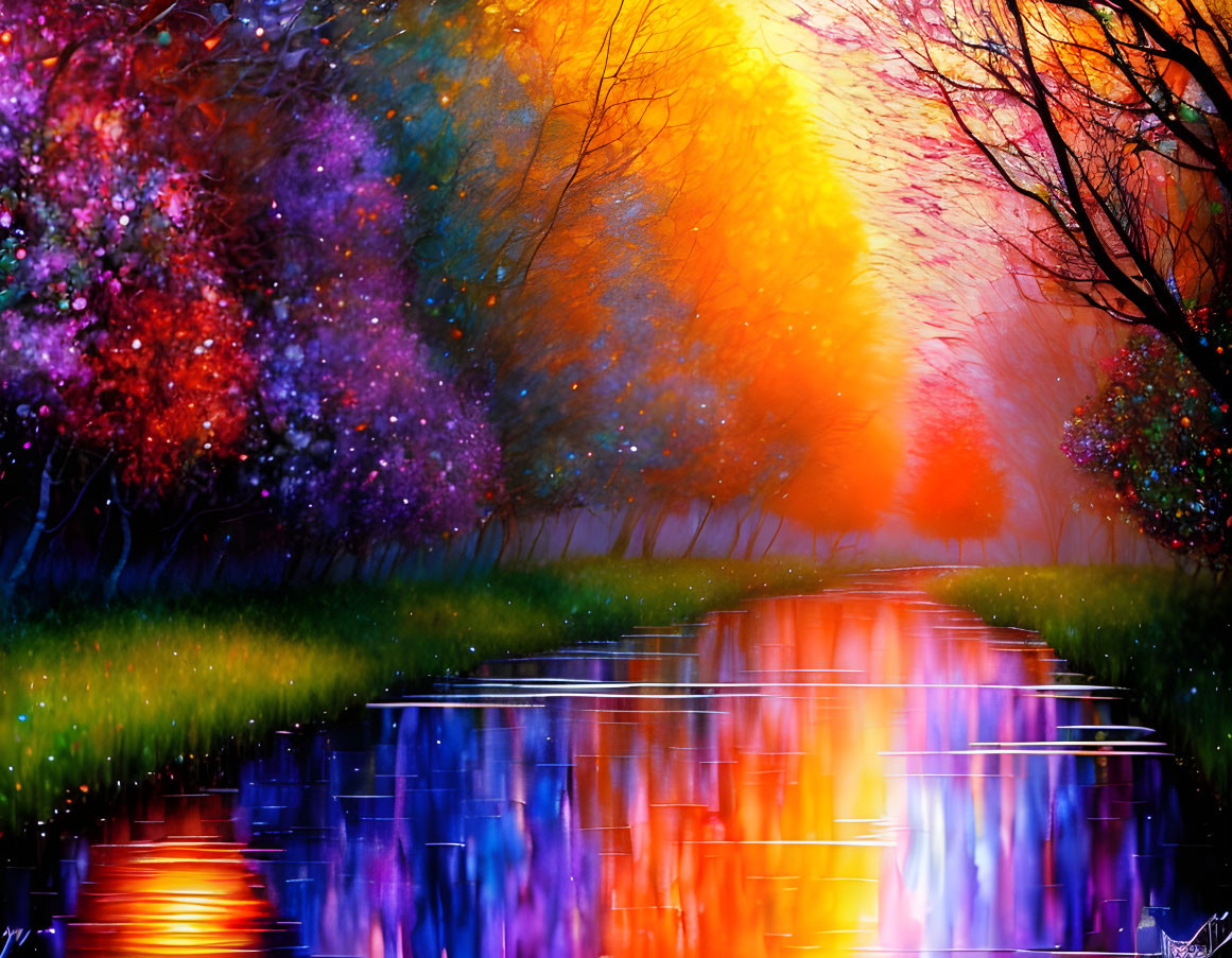 Colorful illuminated trees on mystical pathway by serene water