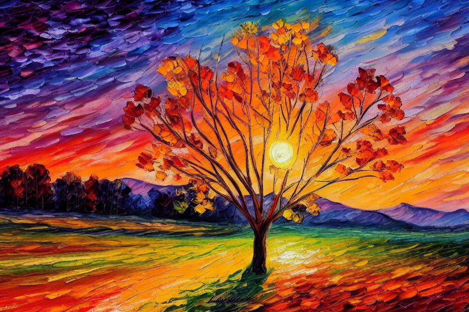 Colorful painting: Tree with red and yellow leaves under sunset sky