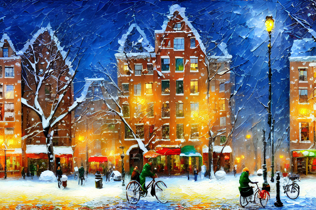 Impressionistic snowy city scene with bicyclists and illuminated buildings