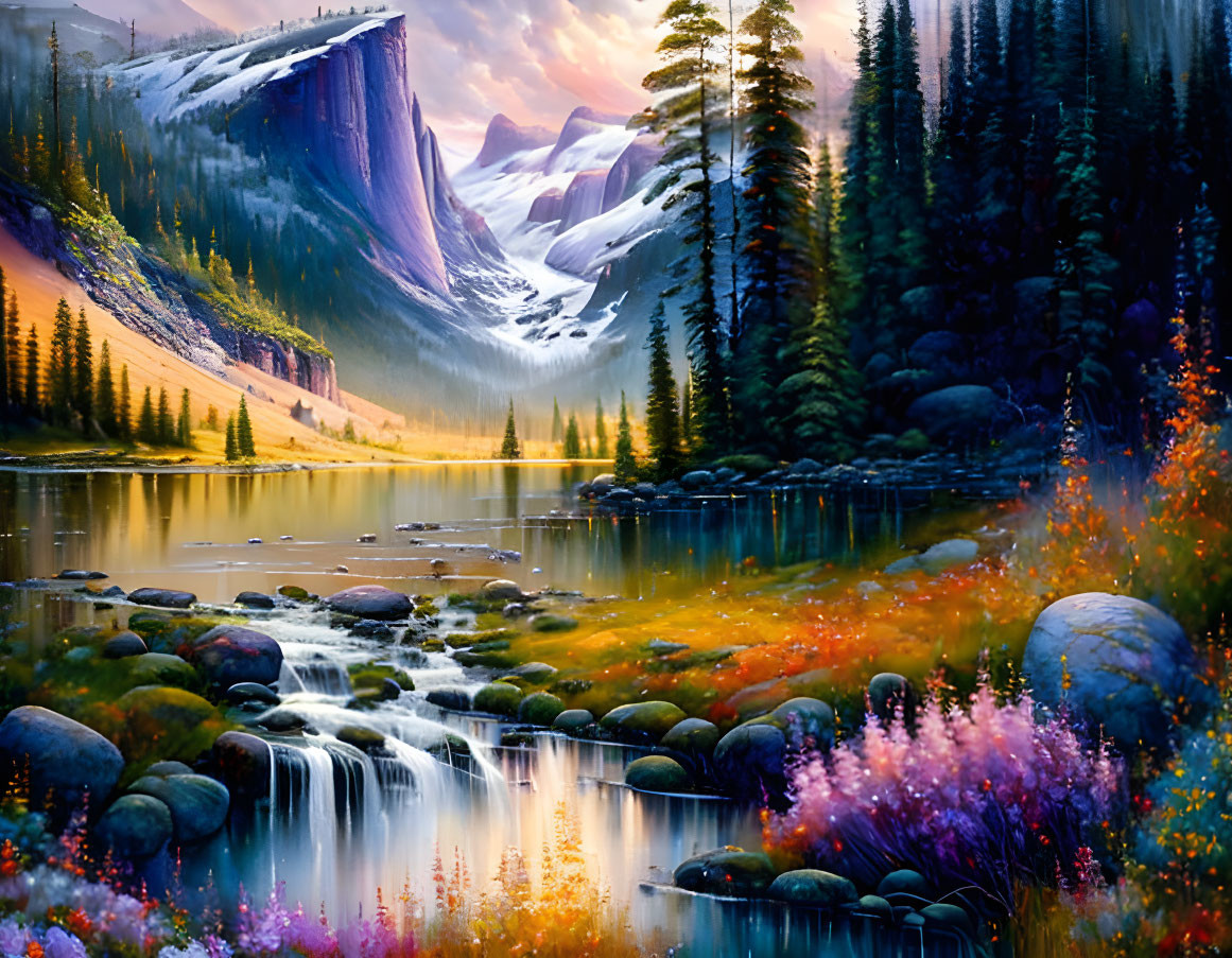 Serene mountain landscape with waterfall, river, colorful foliage, and sunset