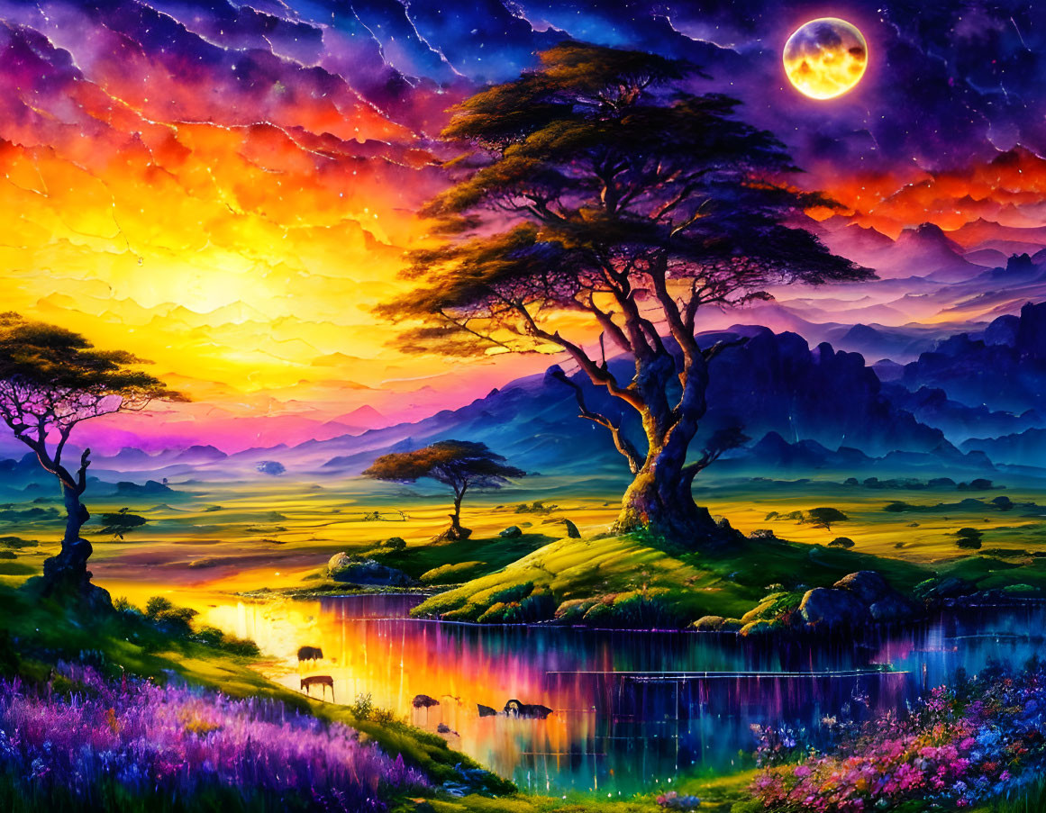 Colorful Fantastical Landscape with Glowing Moon and Serene Water