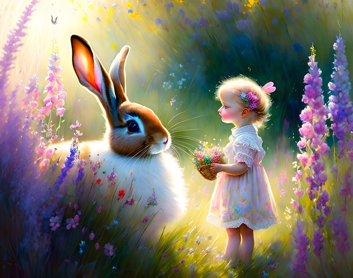 Young girl in dress holding flowers with large rabbit in vibrant meadow