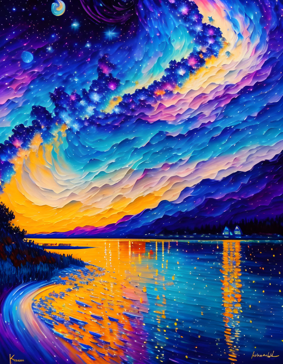 Starry Night Sky Painting Over Calm Lake at Sunset