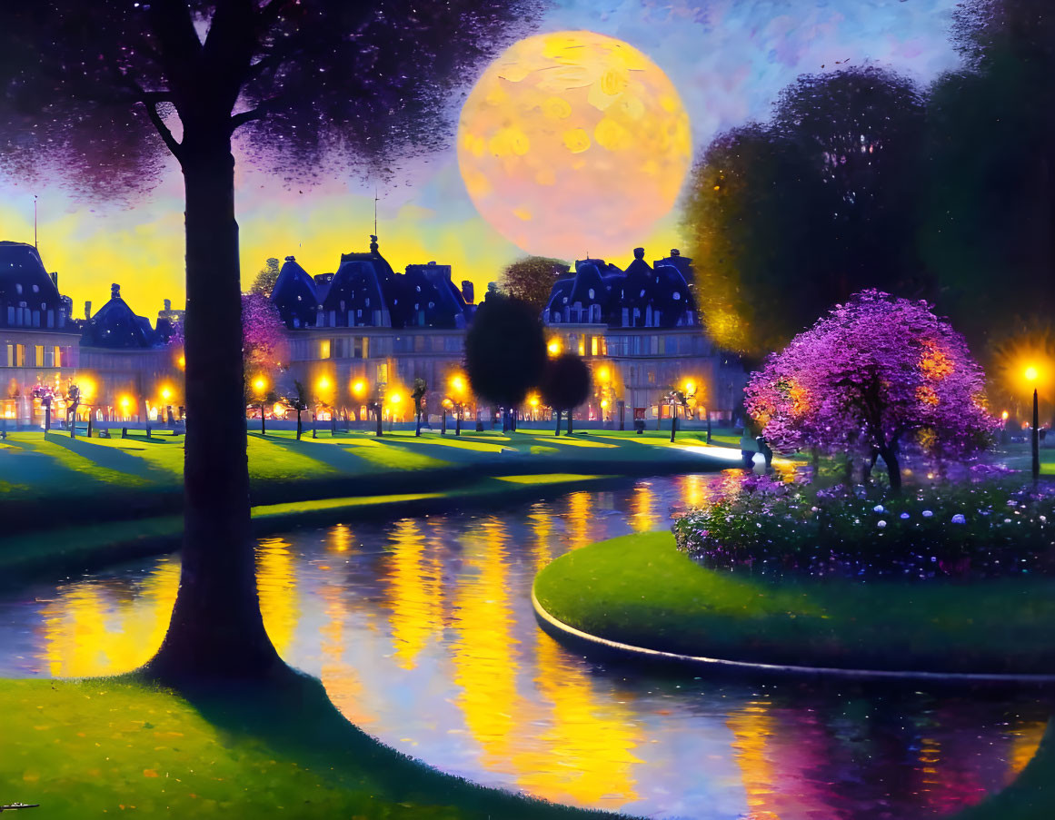 Twilight riverfront painting with full moon, illuminated buildings, blooming trees