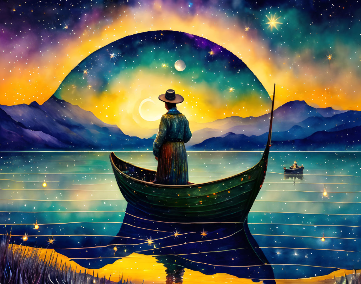 Person in hat on boat under starry sky with mountains in circular frame