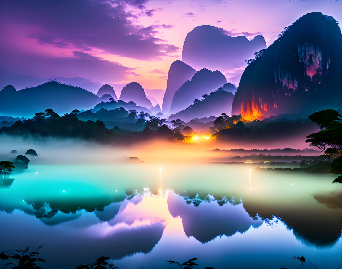 Vibrant purple and orange sunrise over misty forest and calm lake