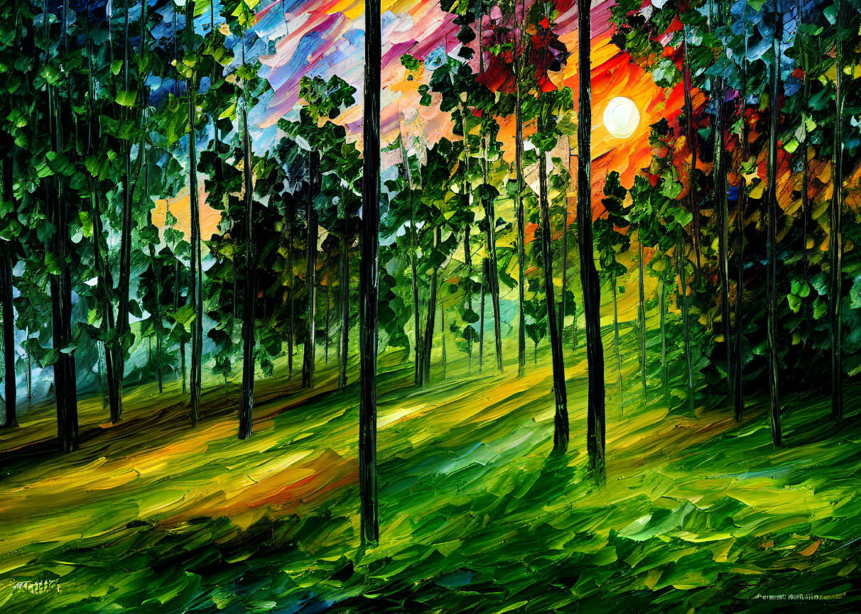 Colorful sunlit forest painting with vibrant sky and lush greenery