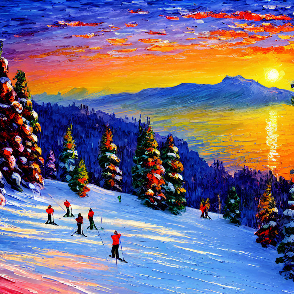 Scenic painting of skiers on snow slope at sunset