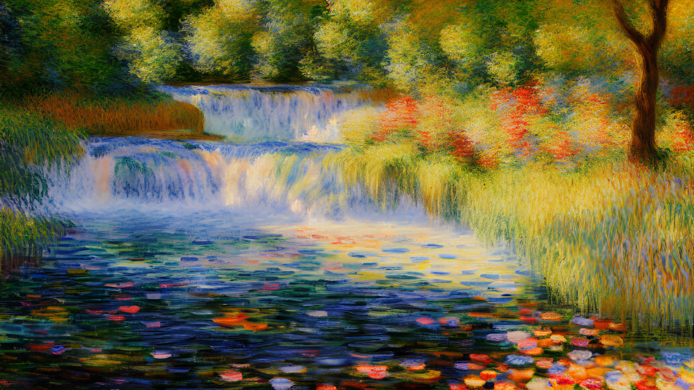 Tranquil waterfall painting with lush greenery and colorful flora