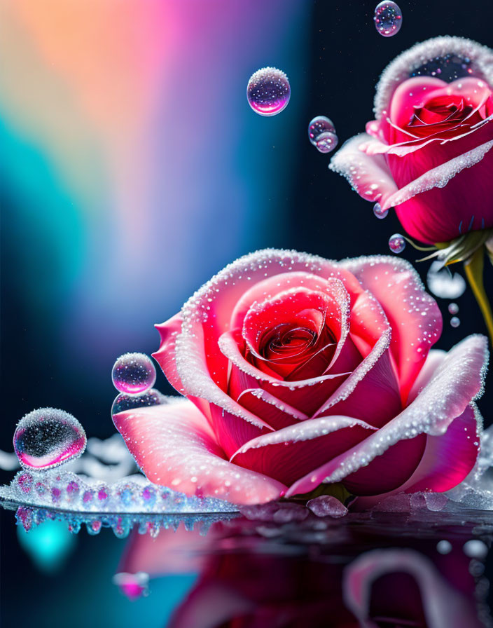 Bright red roses with water droplets on colorful bokeh background