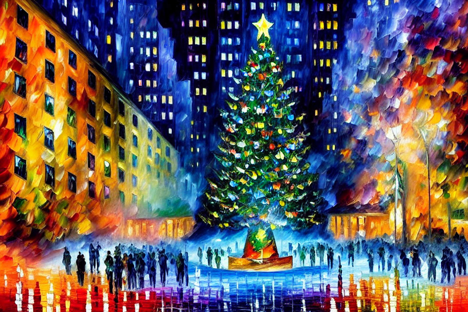 Colorful city square scene with illuminated Christmas tree at night