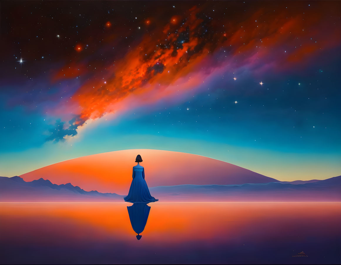 Person in Blue Dress on Reflective Surface with Mountain Backdrop and Starry Sky