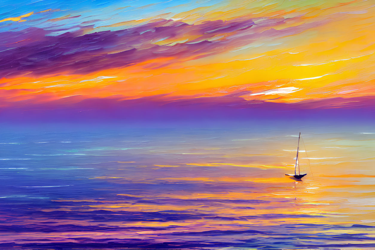 Colorful Sunset Seascape with Sailboat on Calm Waters