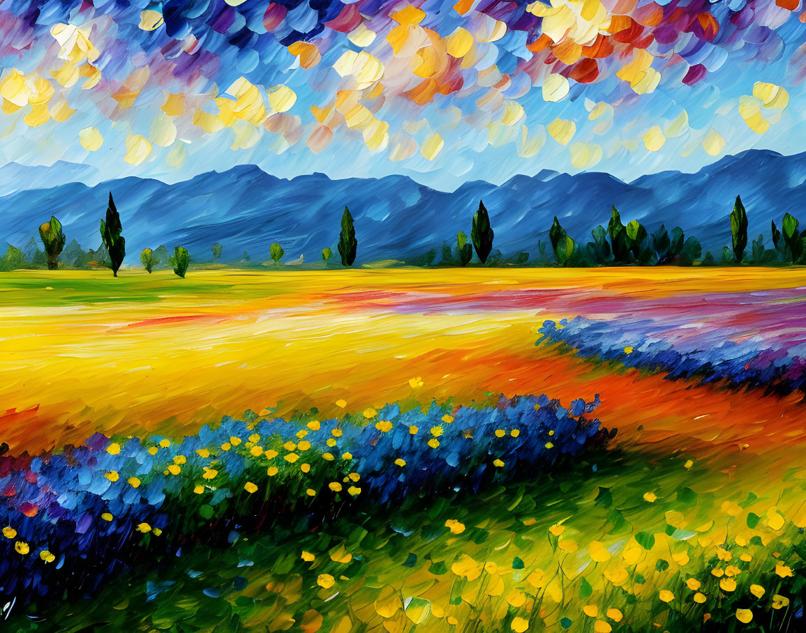 Colorful Impressionist Landscape Painting with Flowers and Mountains