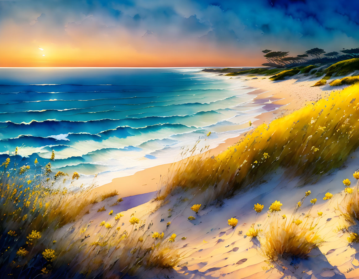 Colorful sunset beachscape with rolling waves, golden sand dunes, and dramatic sky.