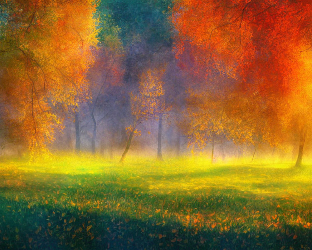 Ethereal autumn forest with vibrant leaves and misty backdrop