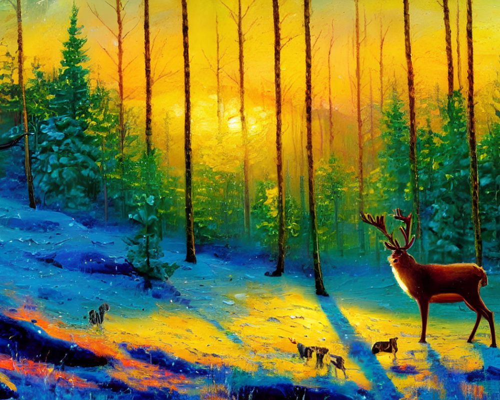 Scenic winter forest painting with deer and sunset glow