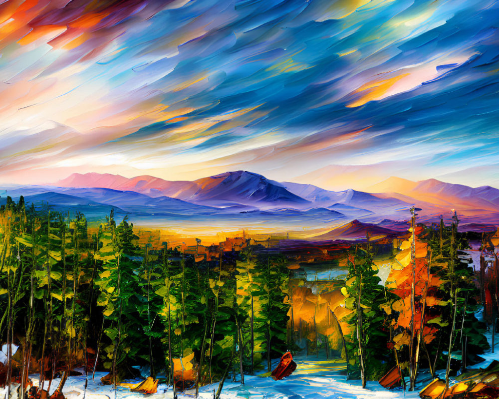 Colorful oil painting of dynamic sky over mountain landscape at sunset