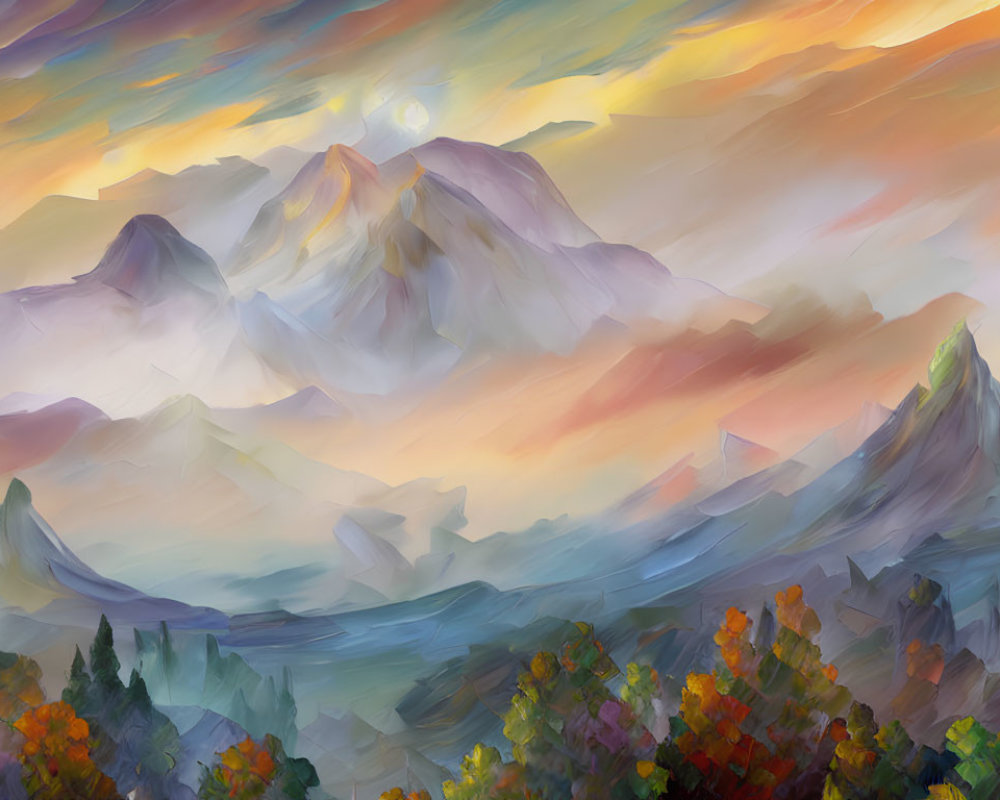 Colorful digital painting of swirling clouds over mountains