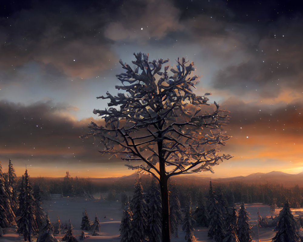 Snow-covered forest under serene dusk sky with twinkling stars, prominent bare tree, distant mountains