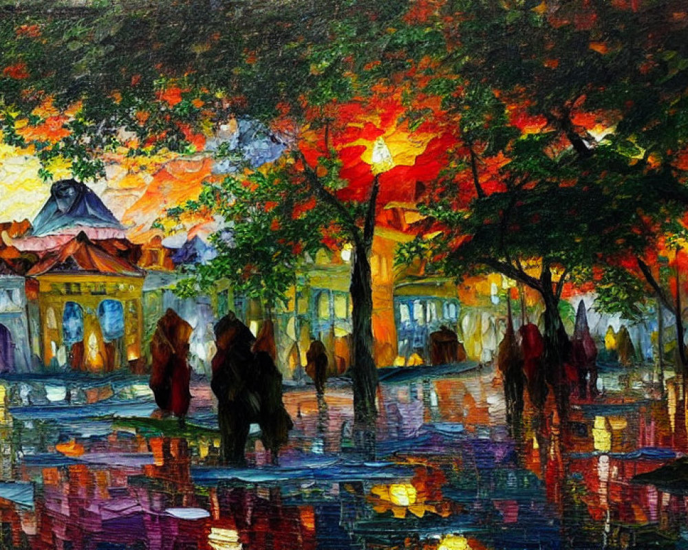 Colorful oil painting of impressionistic street scene at dusk with reflections, silhouettes, and vivid