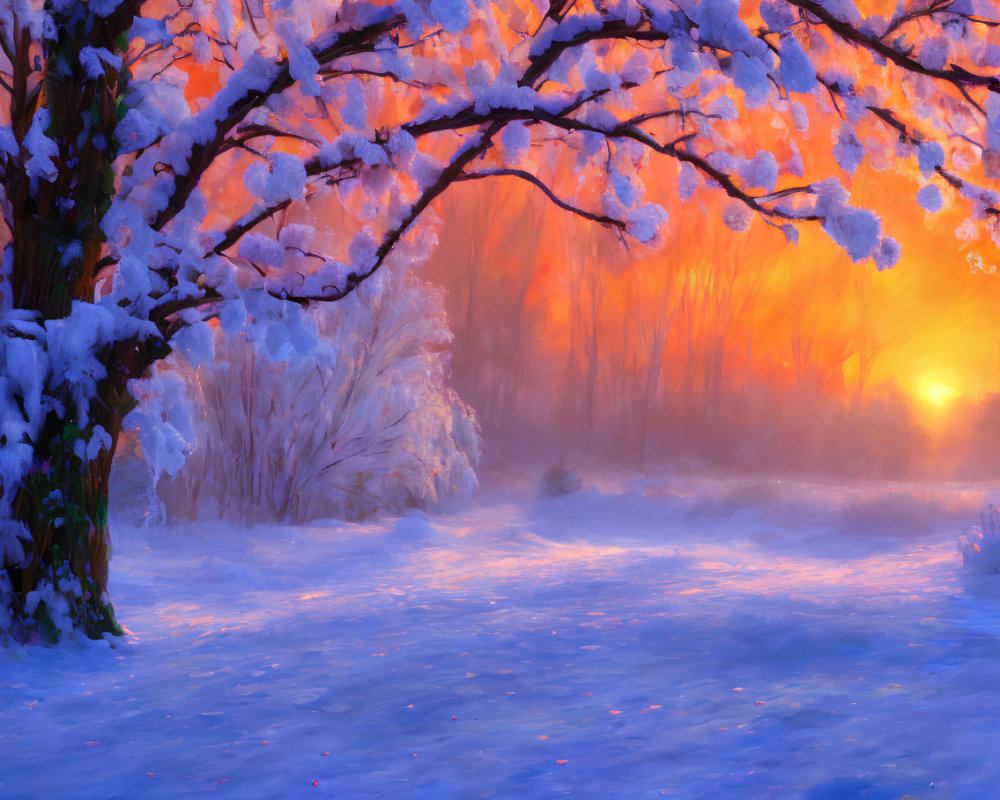 Snow-covered tree branches in serene snowy landscape at warm sunset glow