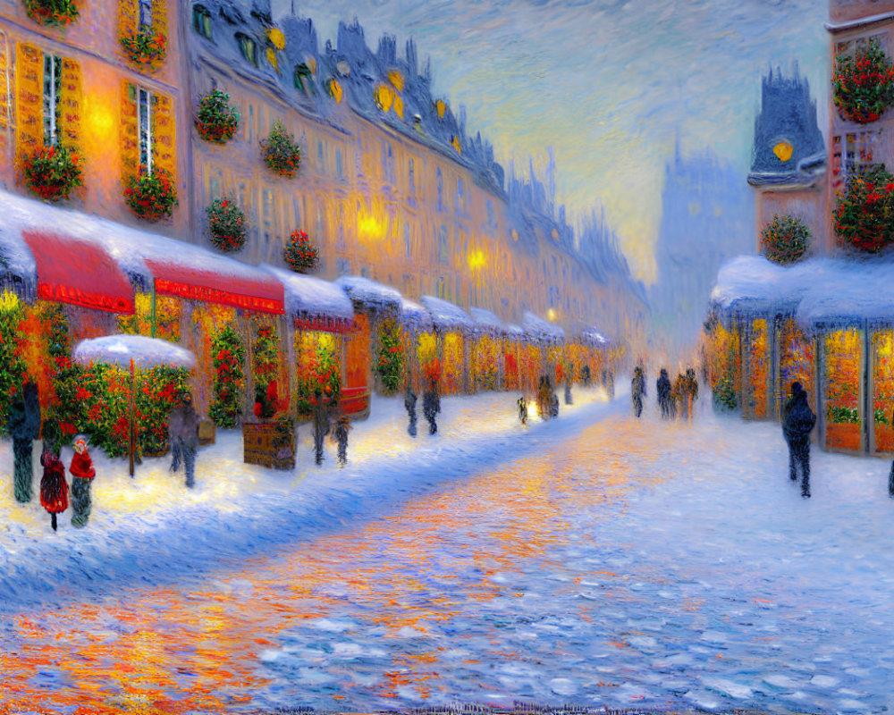 Snow-covered road with festive decorations and people walking