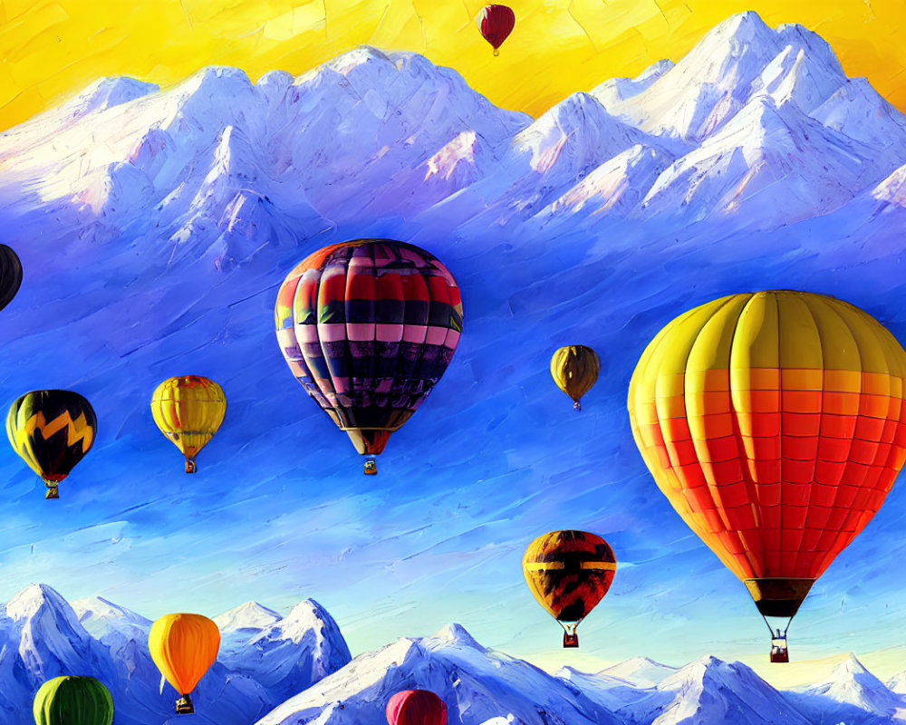 Vibrant hot air balloons over snow-capped mountains under blue sky