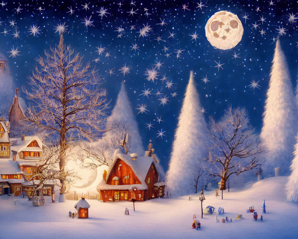 Snow-covered winter village scene at night with starry sky and full moon