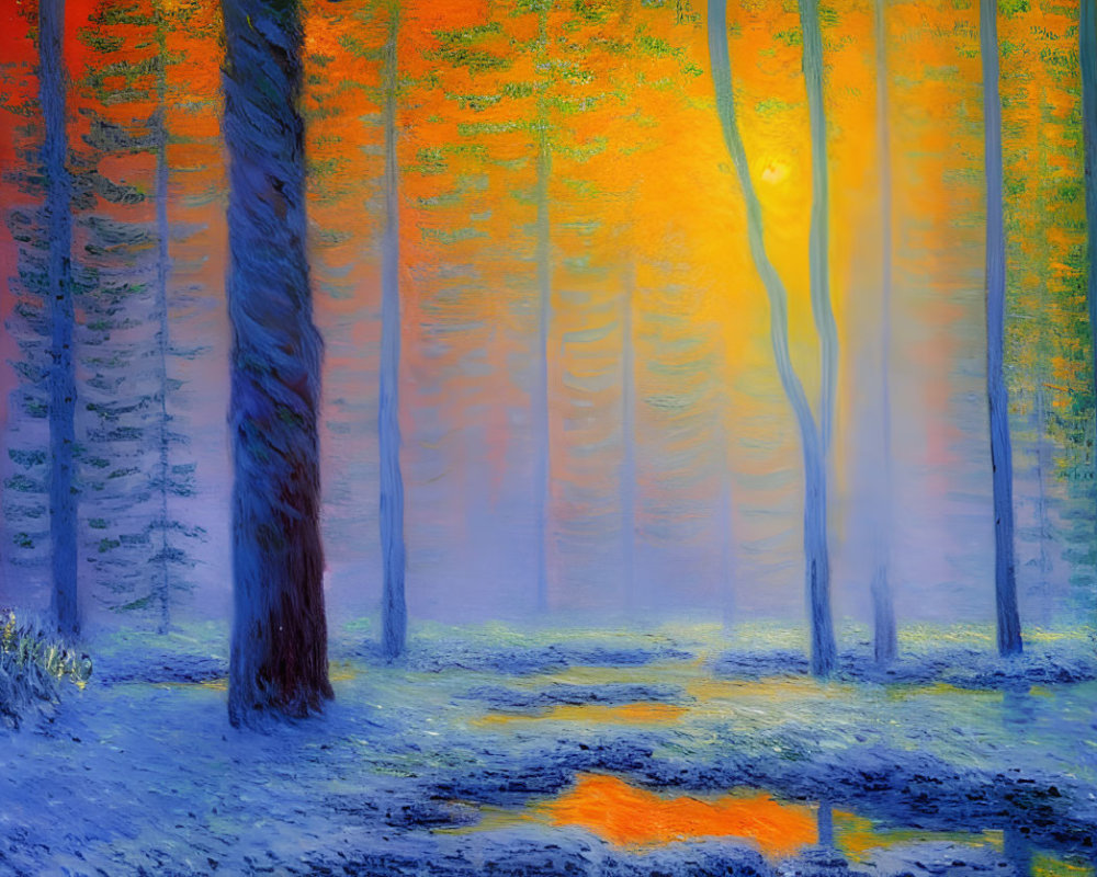 Mystical foggy forest with warm light at sunrise or sunset