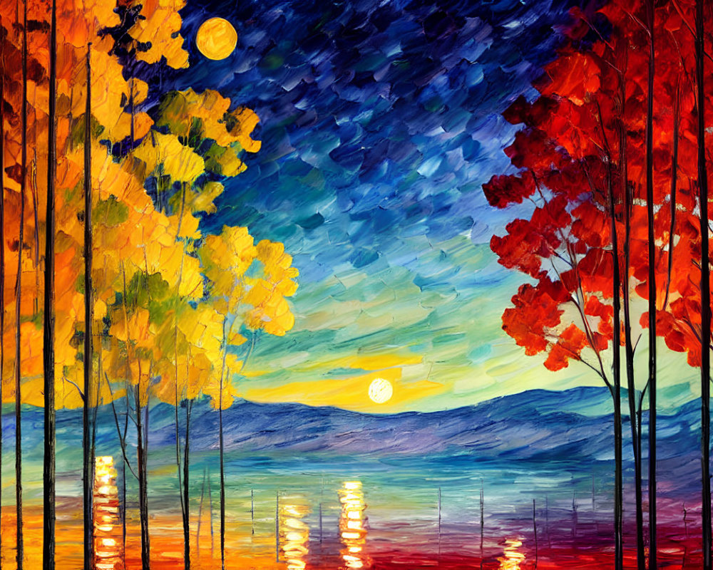 Colorful Forest Painting with Blue and Yellow Skies and Autumn Trees