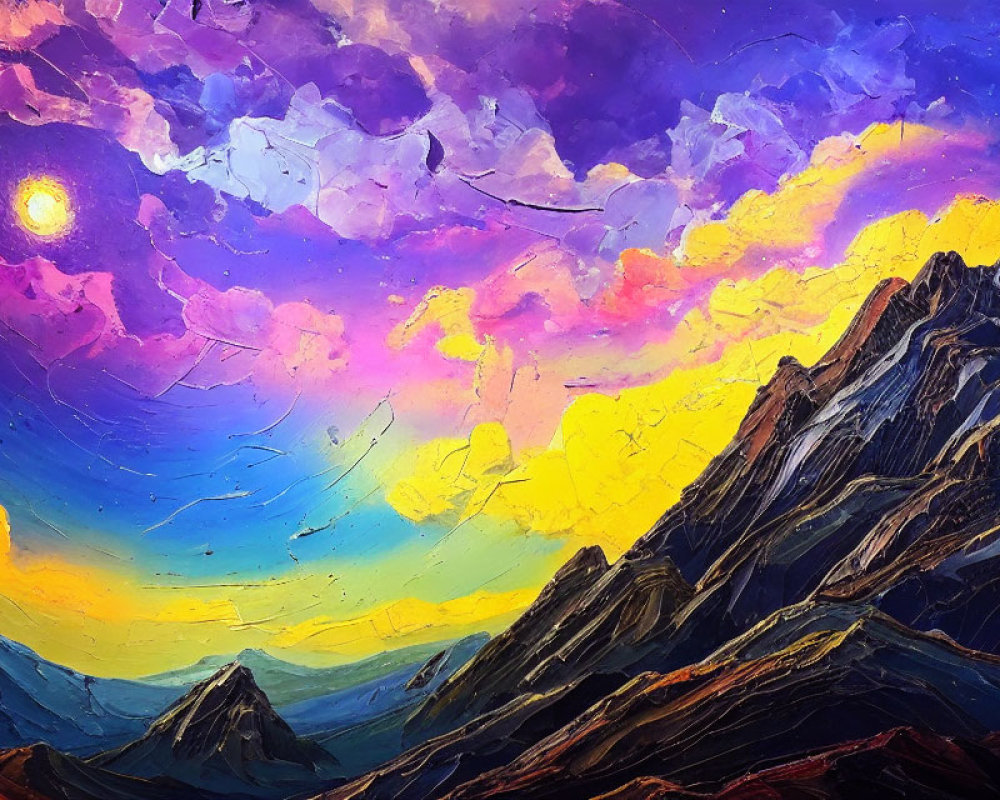 Colorful painting of mountain peaks under dramatic sky with sun and birds.