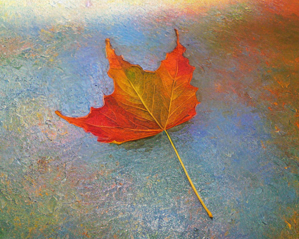 Vibrant red maple leaf on textured surface with blue, green, and amber gradient