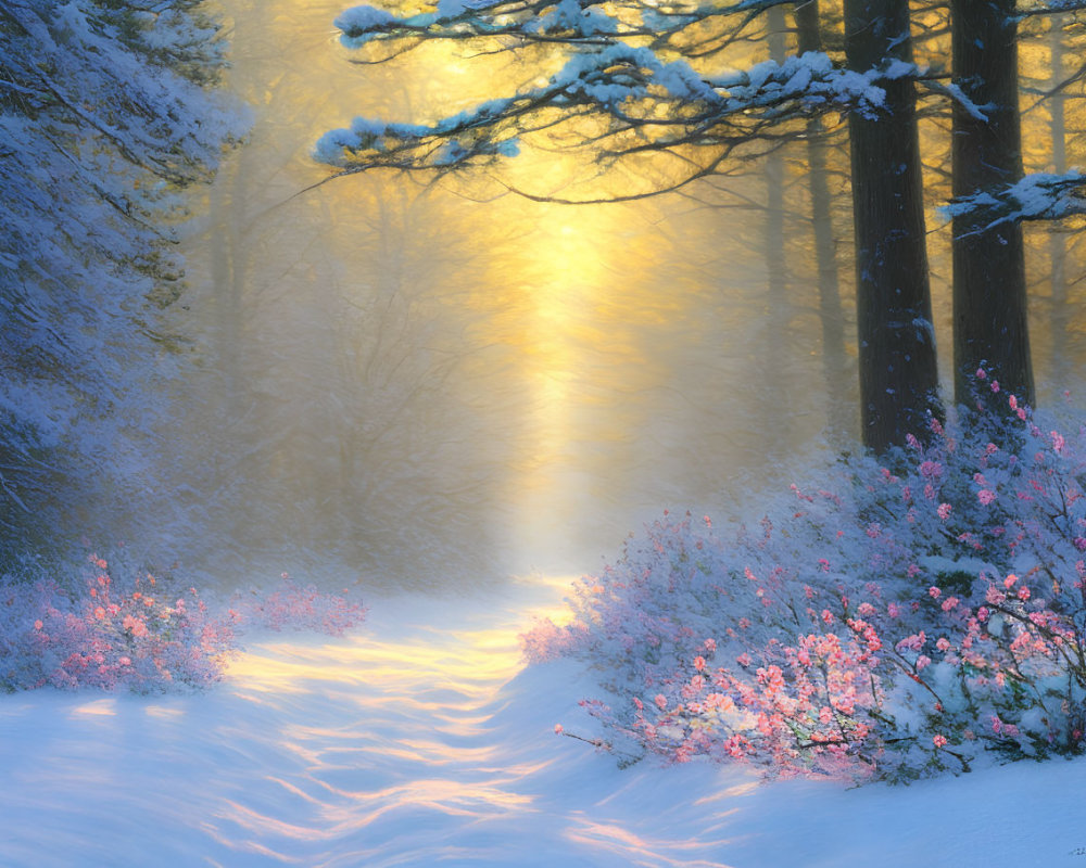 Winter forest scene with sunlight on snow-covered trees