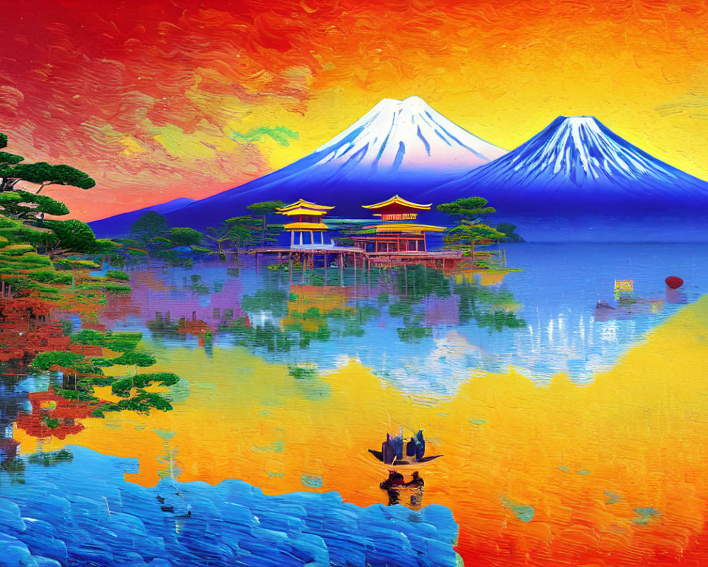 Colorful artwork of Mount Fuji, lake, and pine trees with boat