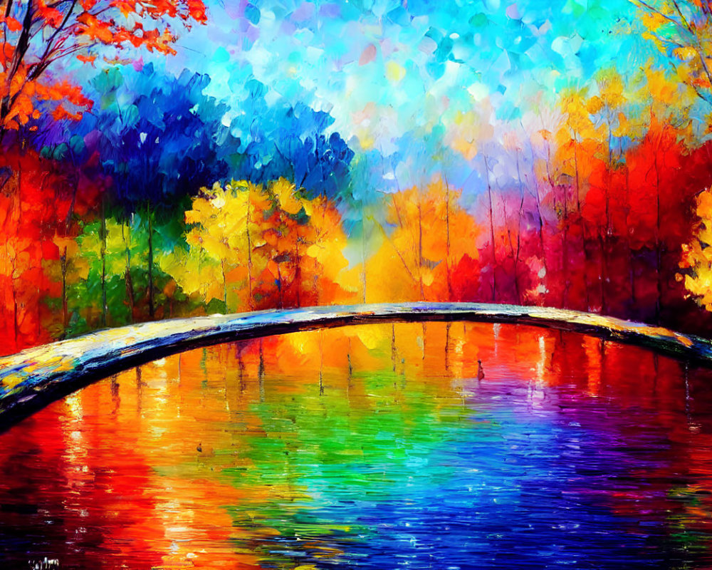 Colorful Autumn Landscape with Bridge over Reflective River