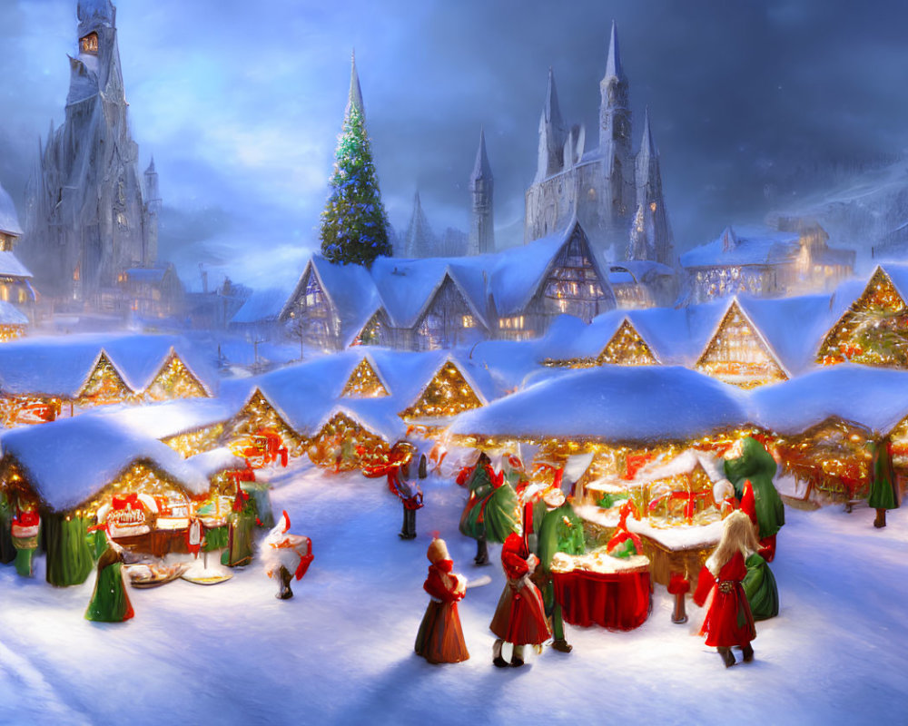 Snow-covered cottages, Christmas market, holiday-goers, and cathedral in winter scene