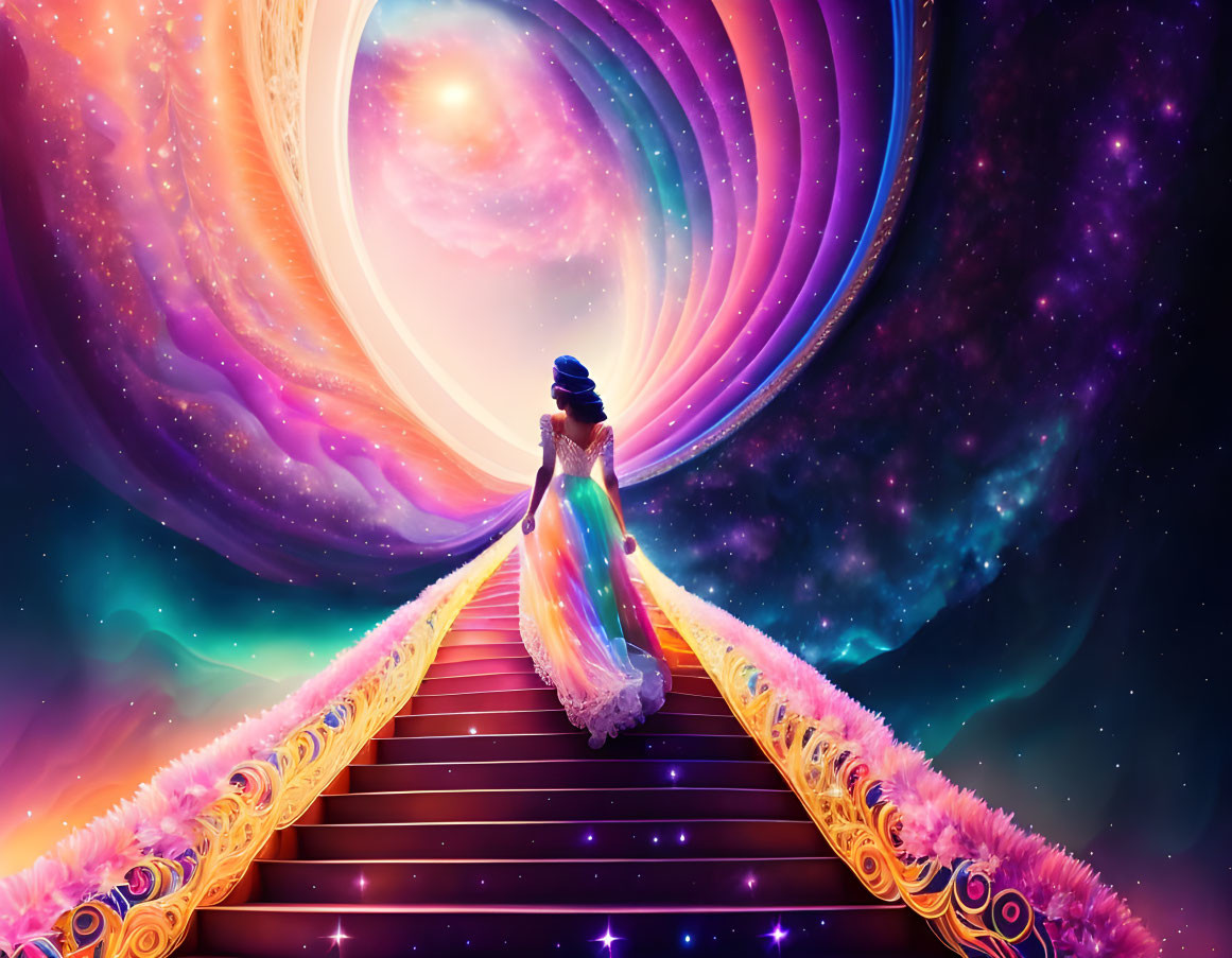 Colorful Dress Woman Ascends Celestial Staircase to Cosmic Swirl