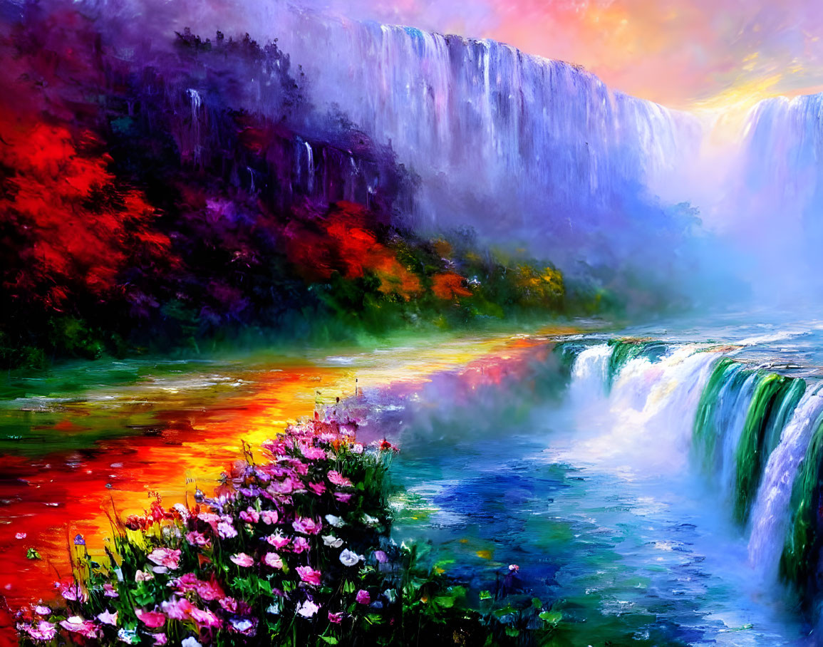 Colorful waterfall painting with vibrant water and flora under a luminous sunset