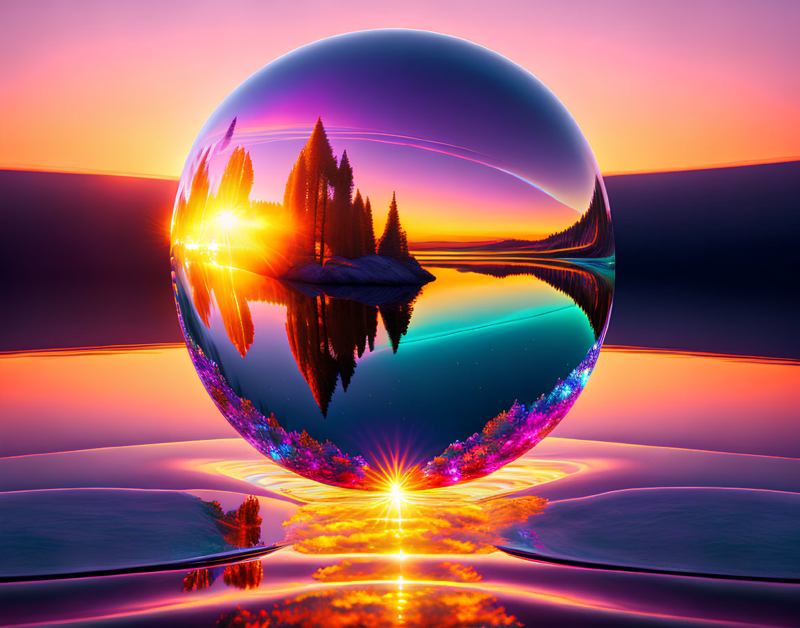 Colorful Landscape with Crystalline Sphere Reflecting Sunset and Lake