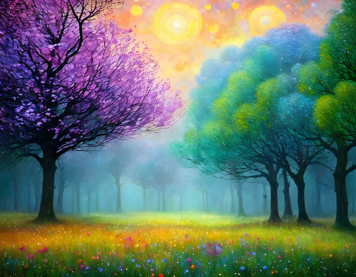 Colorful Blooming Trees in Mystical Forest Under Starry Sky