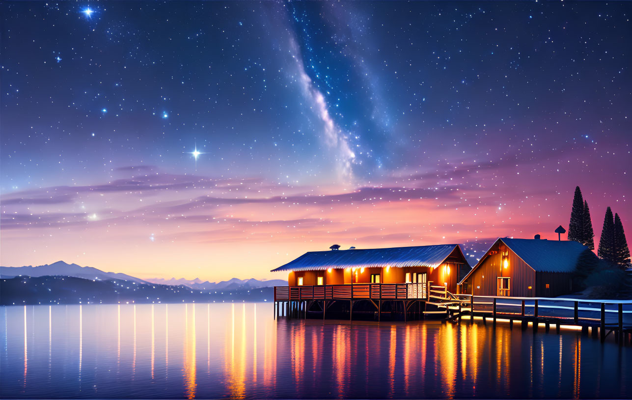 Twilight scene: Lakeside houses, starry sky, mountains, tranquil reflections