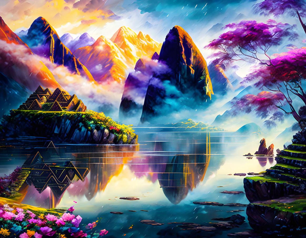 Majestic mountain landscape with reflective lake and purple foliage at twilight