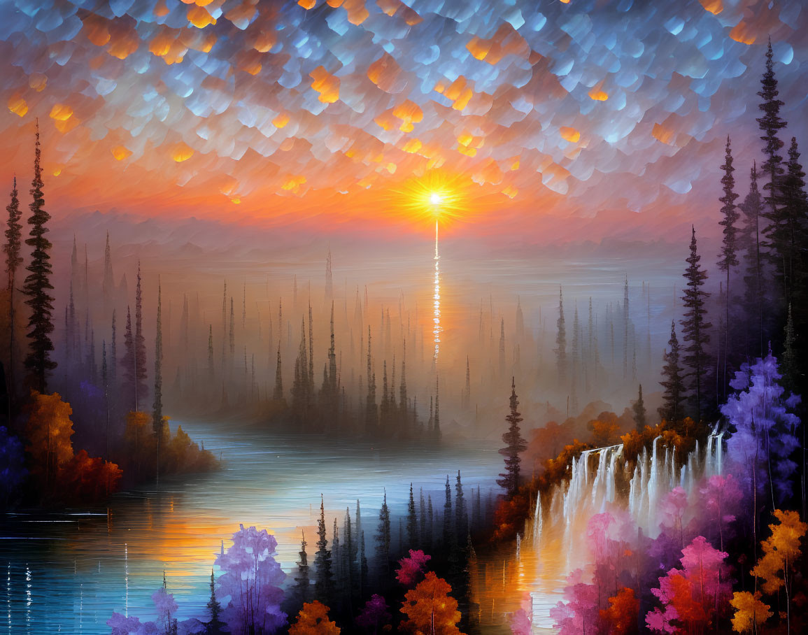 Scenic sunset painting with waterfall, lake, and autumn trees